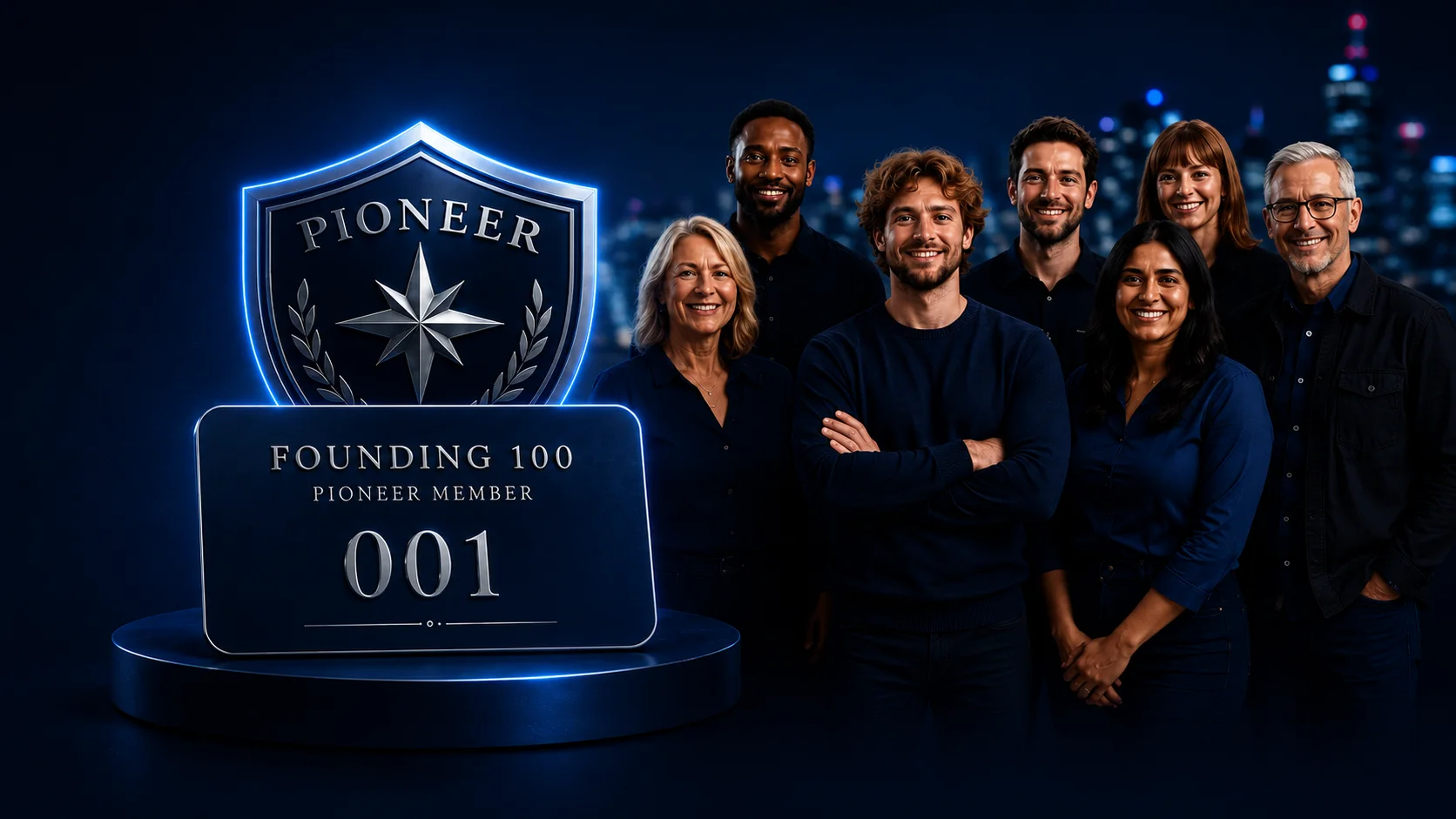 Seven founding members beside an illuminated Pioneer shield and Founding 100 member plaque