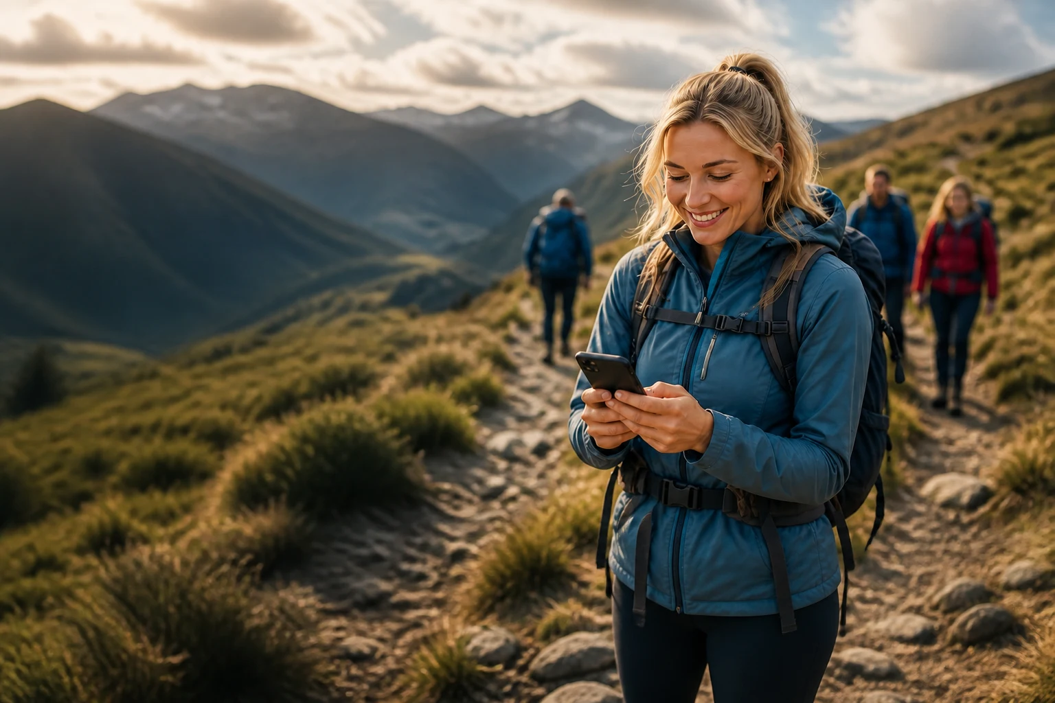 Blonde woman checking her phone while hiking with a small group