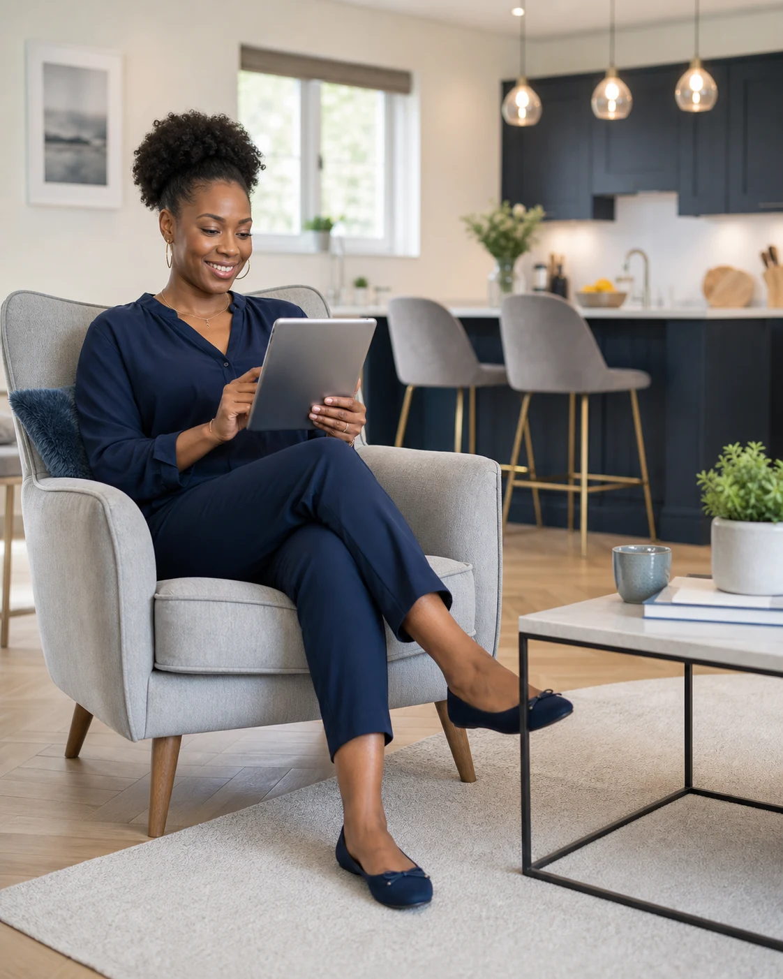 Woman seated at home checking a tablet