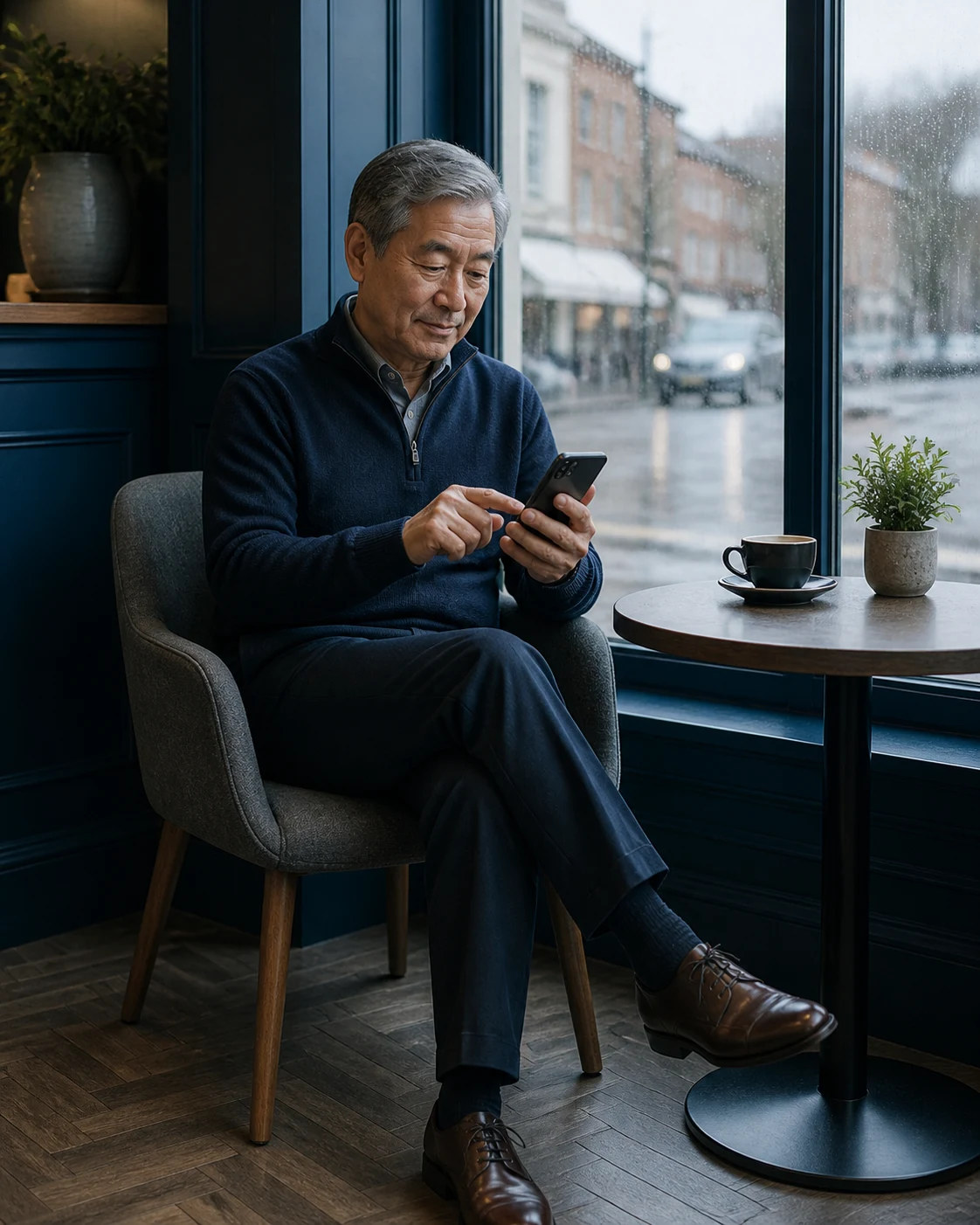 Man seated by a cafe window checking offer details on his phone