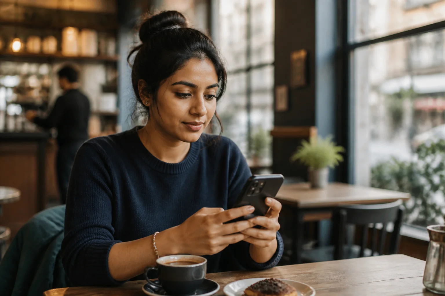 Young woman checking an offer on her phone in a cafe