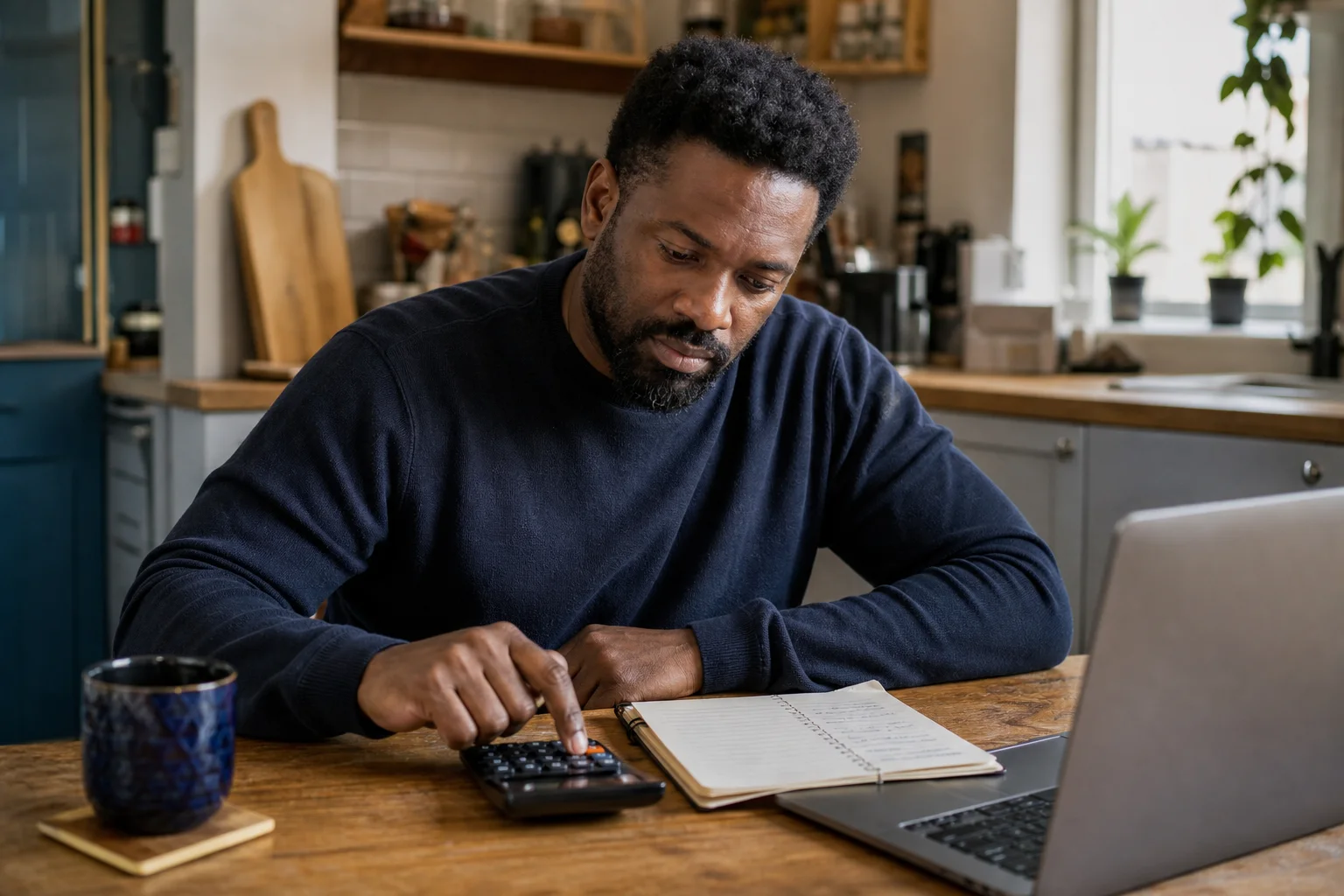 Man using a calculator and notebook at his kitchen table
