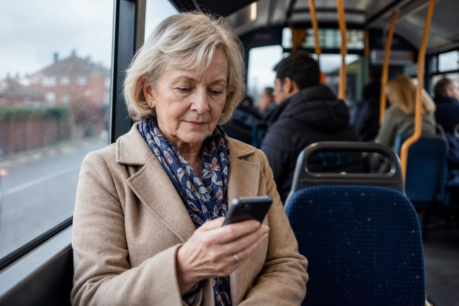 Older woman checking her phone while travelling on a bus