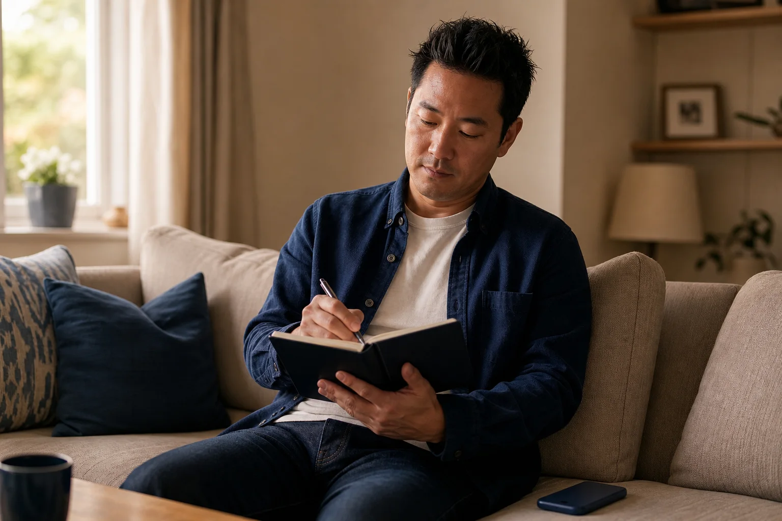Man recording a completed step in a notebook at home
