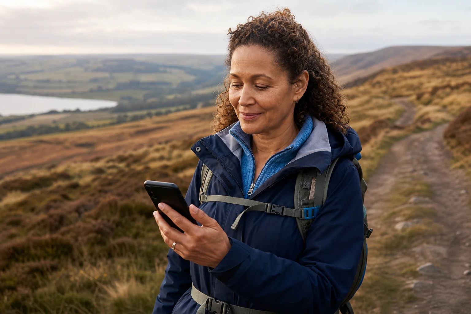 Woman checking her phone while paused on a countryside hike