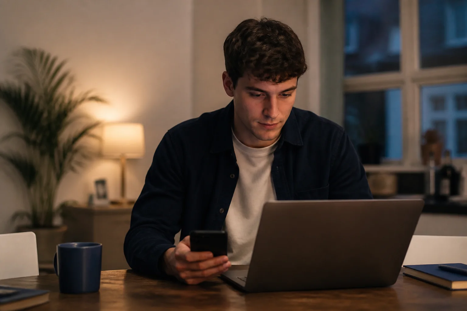 Young man calmly using a laptop and phone at home