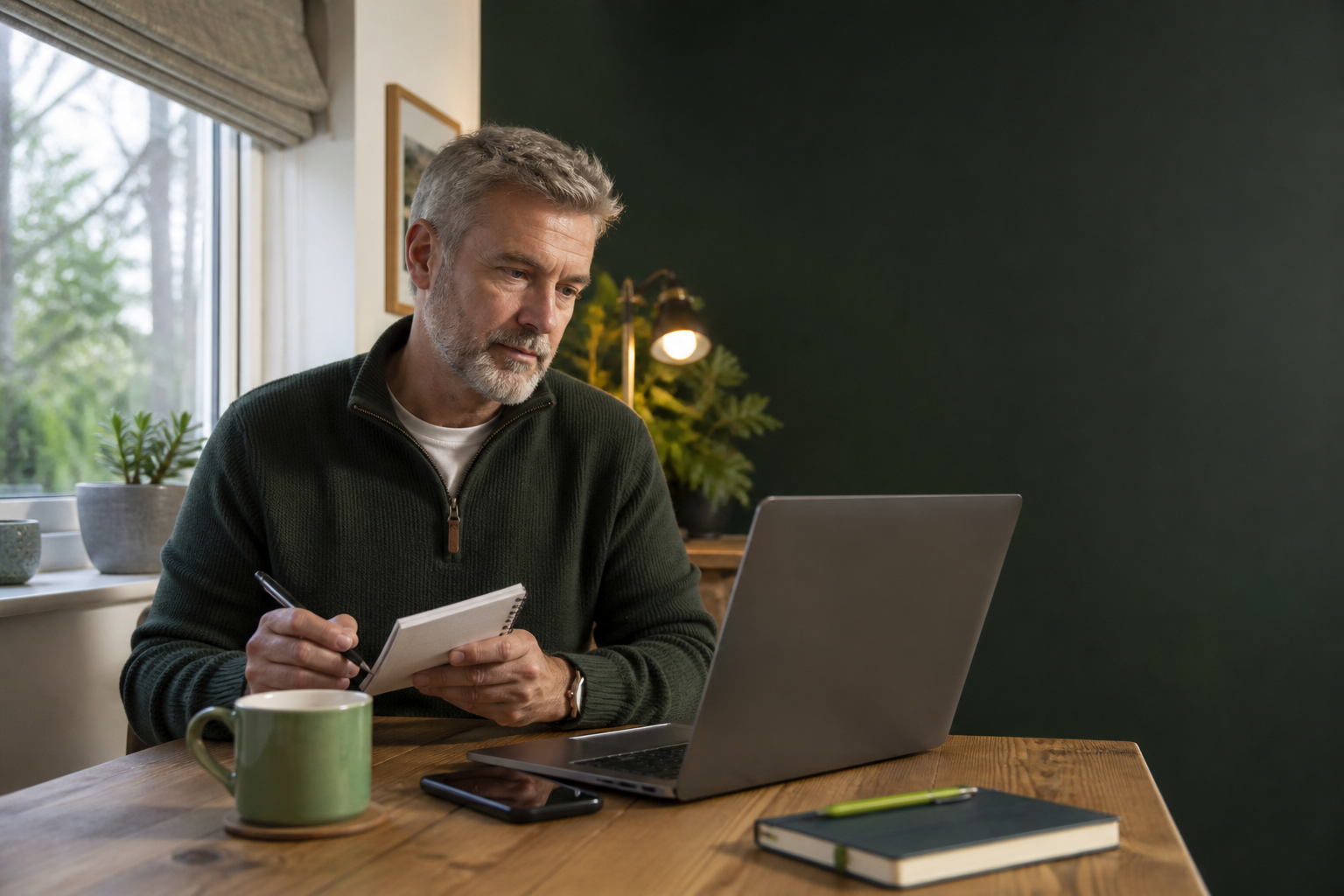 Man calmly following a guided process using a laptop and notebook at home
