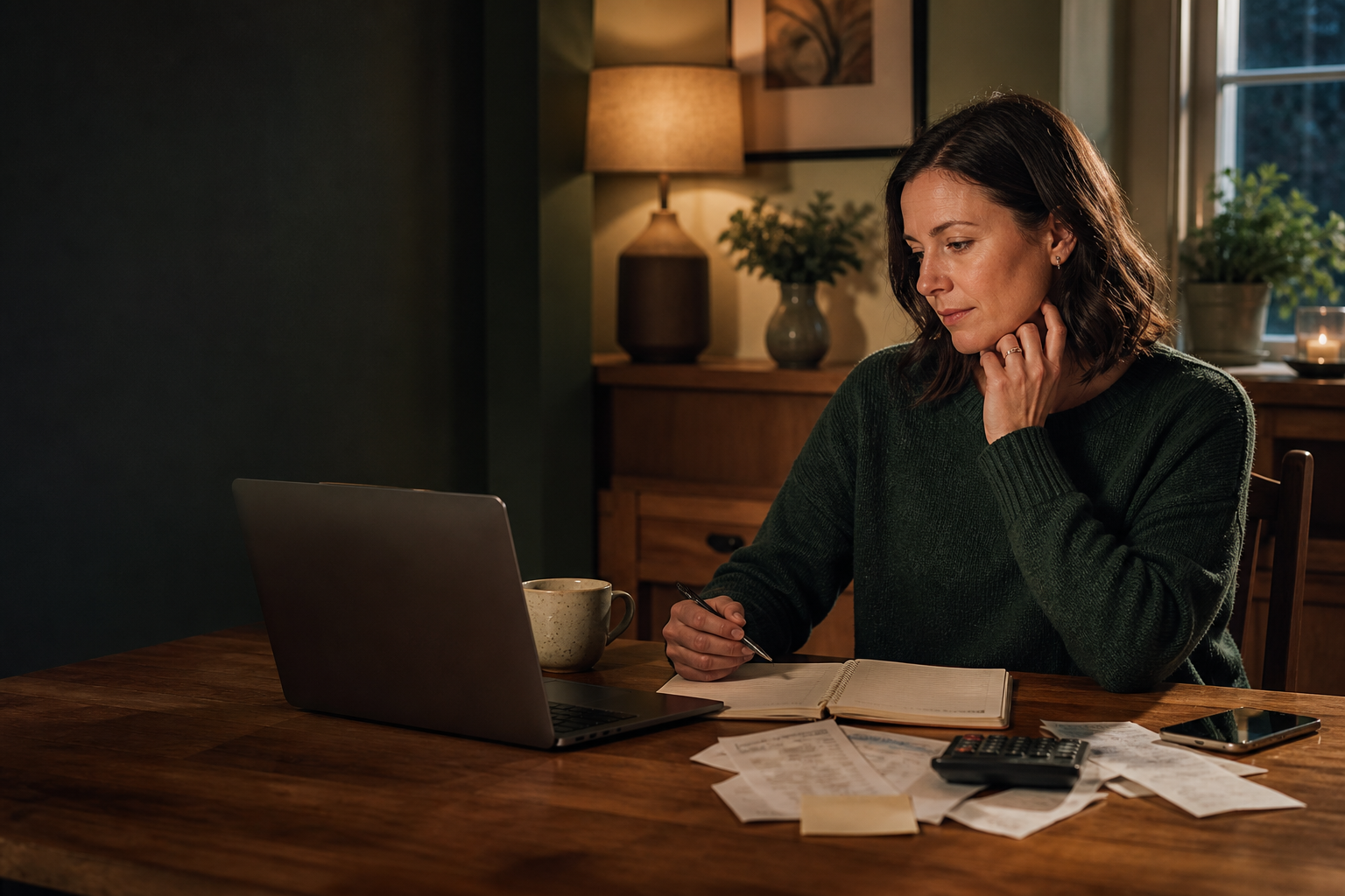 Woman organising notes, calculations and accounts at a laptop at home